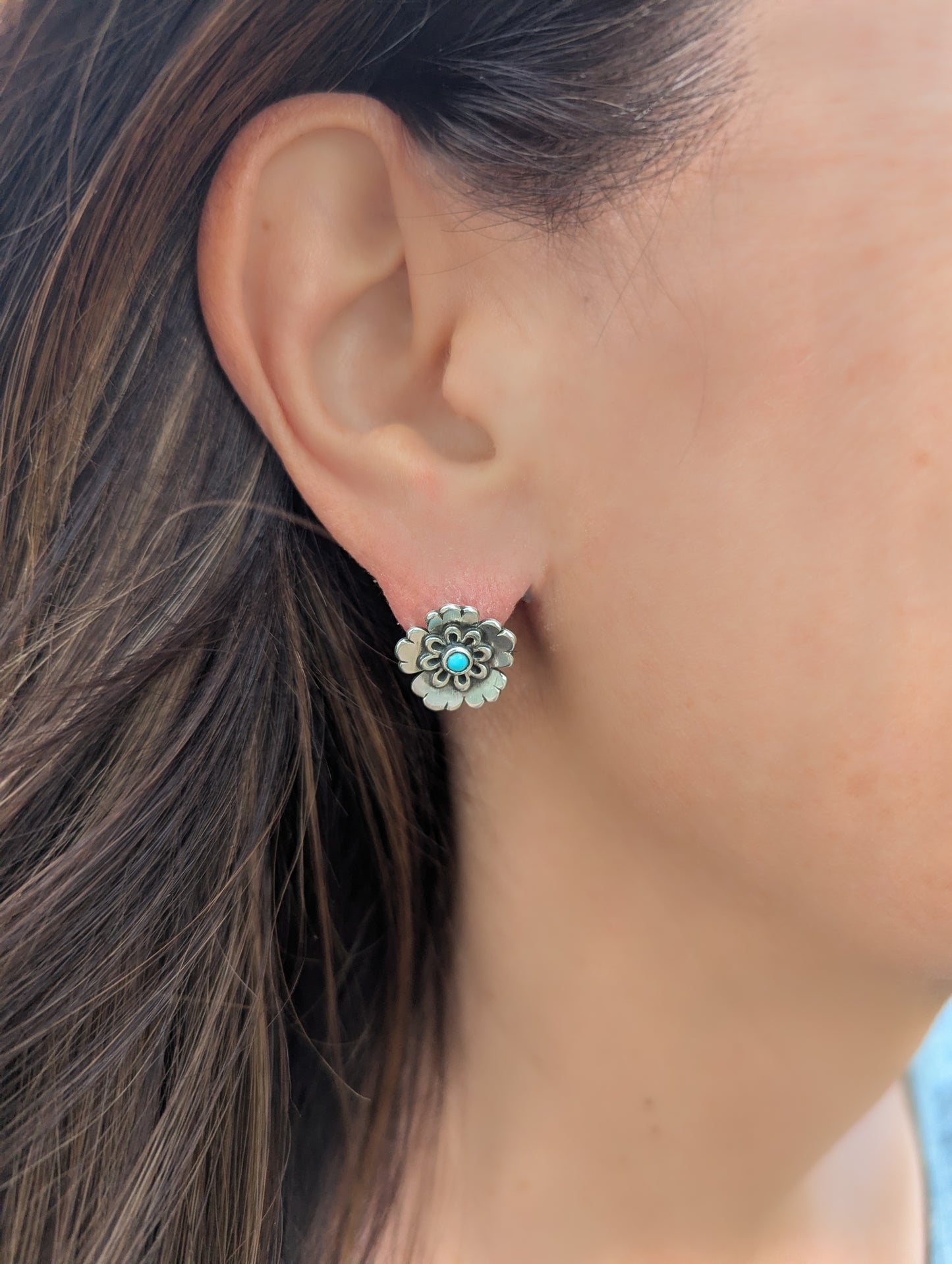 Sterling Silver Blossom Stud Earrings with Turquoise Accents