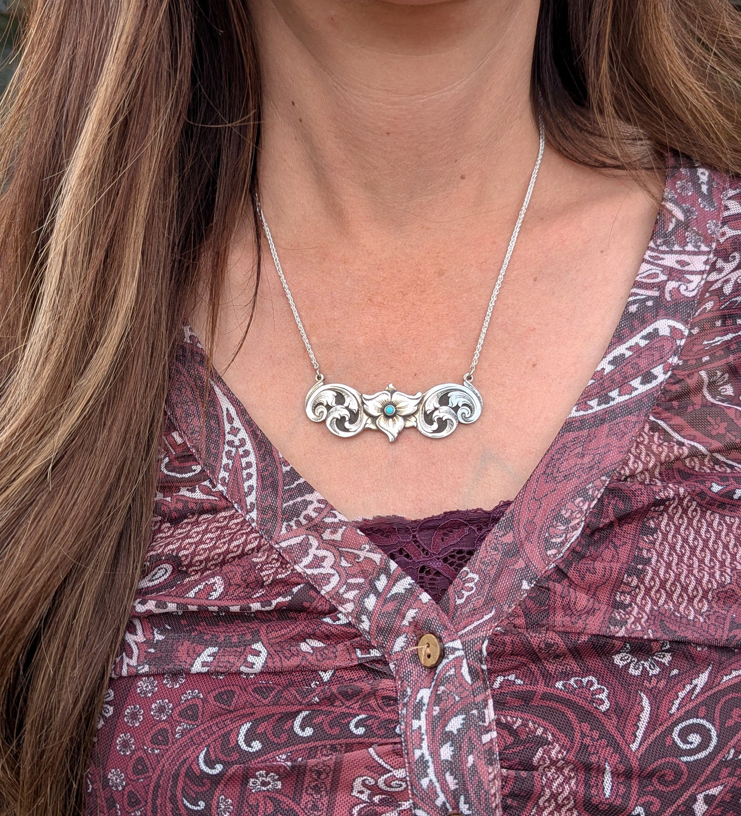 Hand-Engraved Sterling Silver Scrolls with Flower center, Bar style Necklace