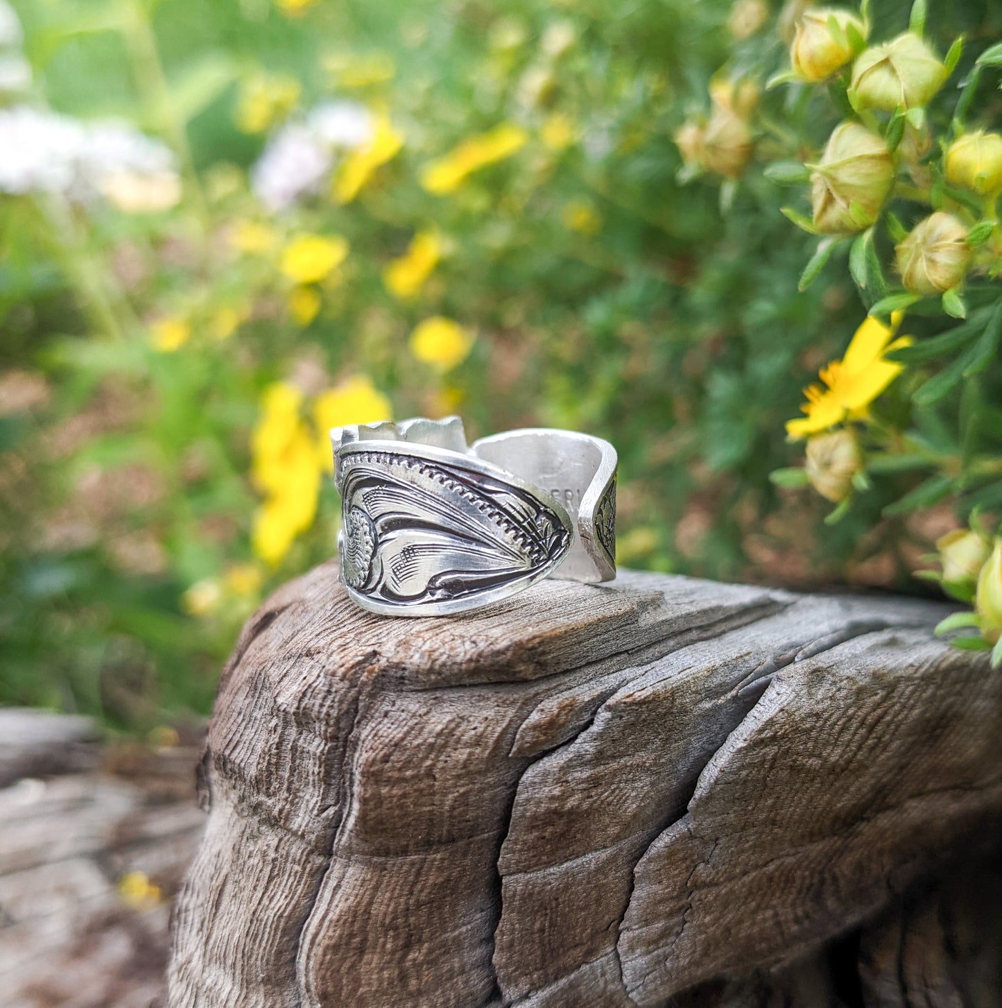 Sterling silver engraved western flower ring