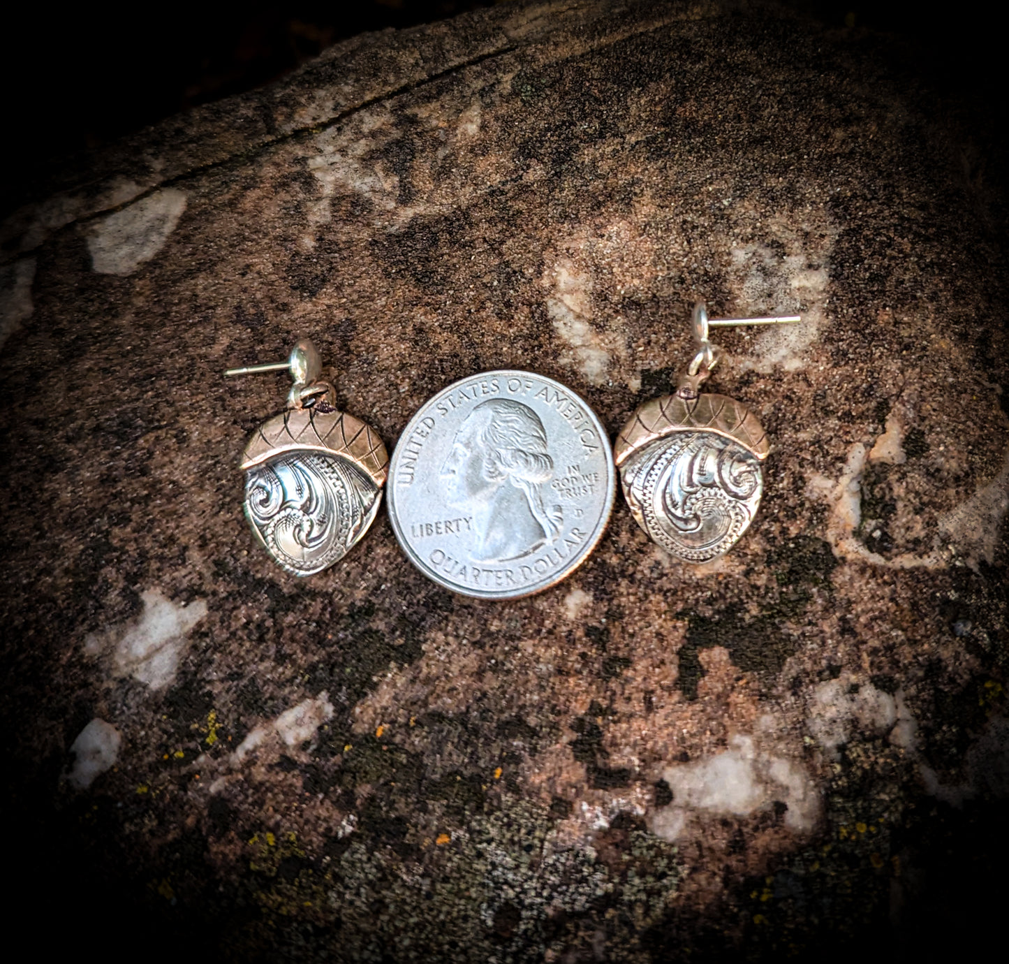Western style Engraved Silver and Copper Acorn Earrings for Sale.