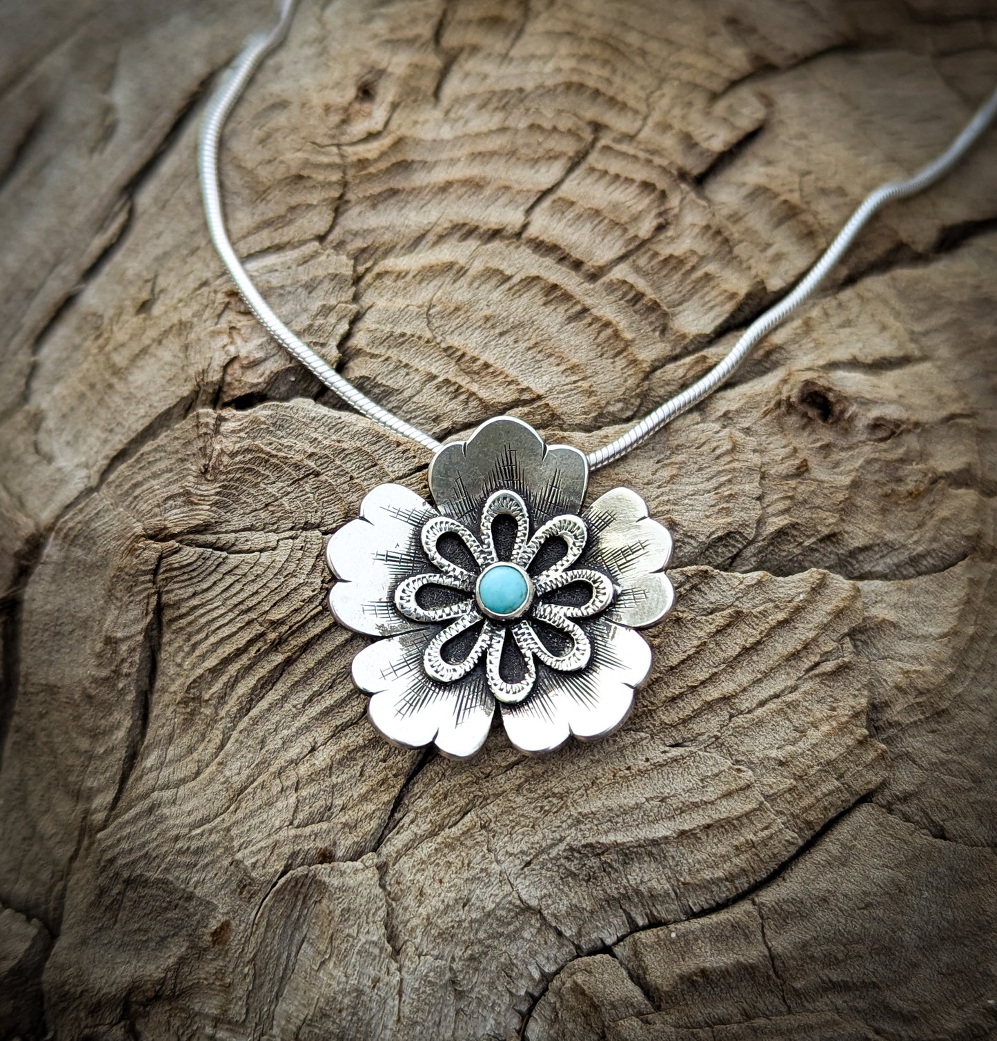 Sterling Silver Blossom Pendant with Turquoise Center
