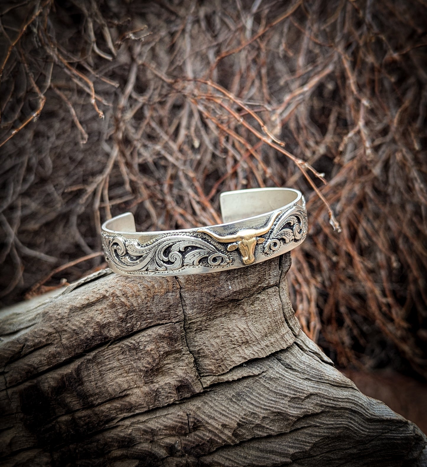 Sterling Silver Western Cuff with Filigree scrollwork and Longhorn Accent