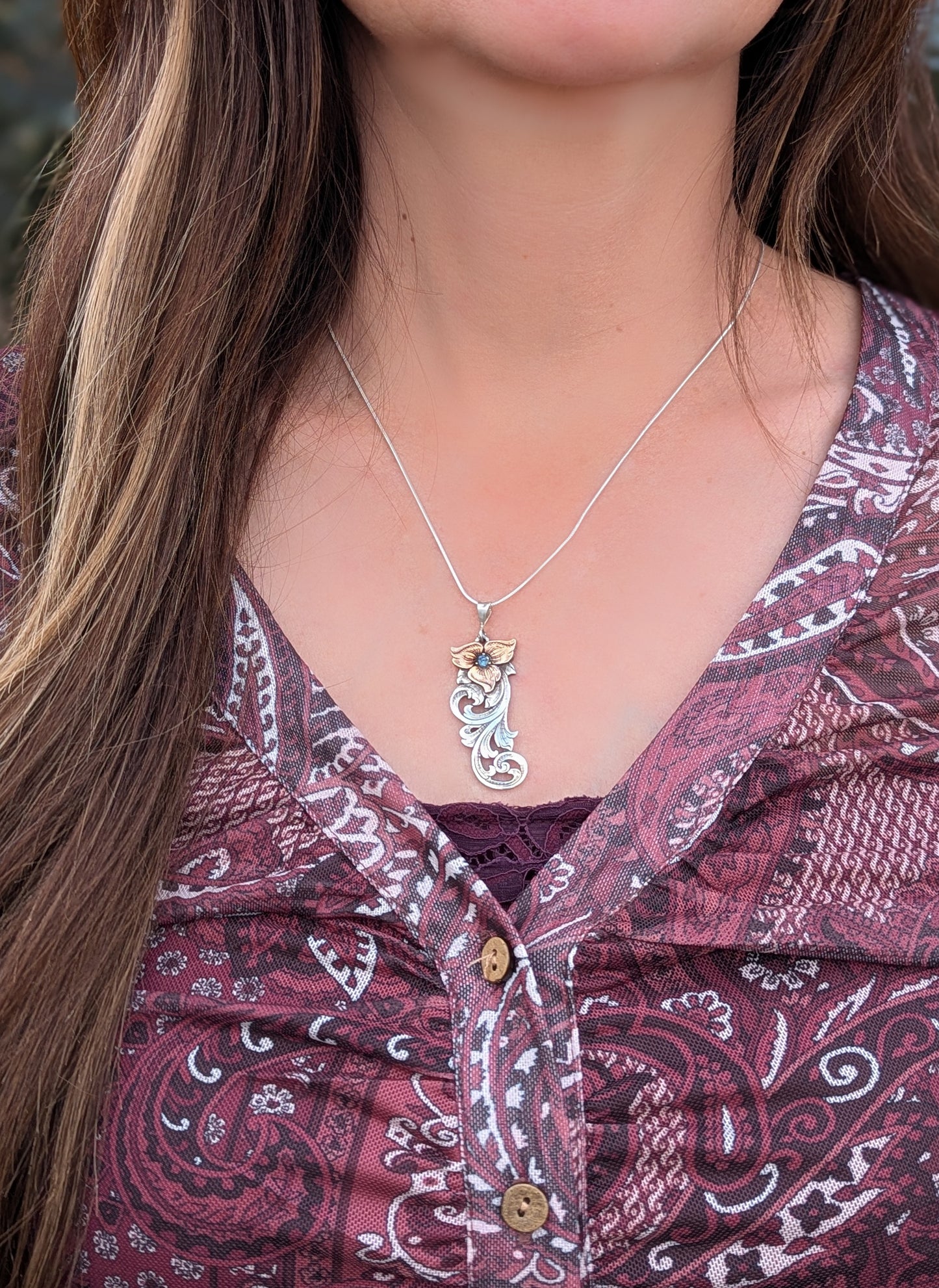 Sterling Silver and Jewelers Bronze Flower Scroll Necklace with center stone