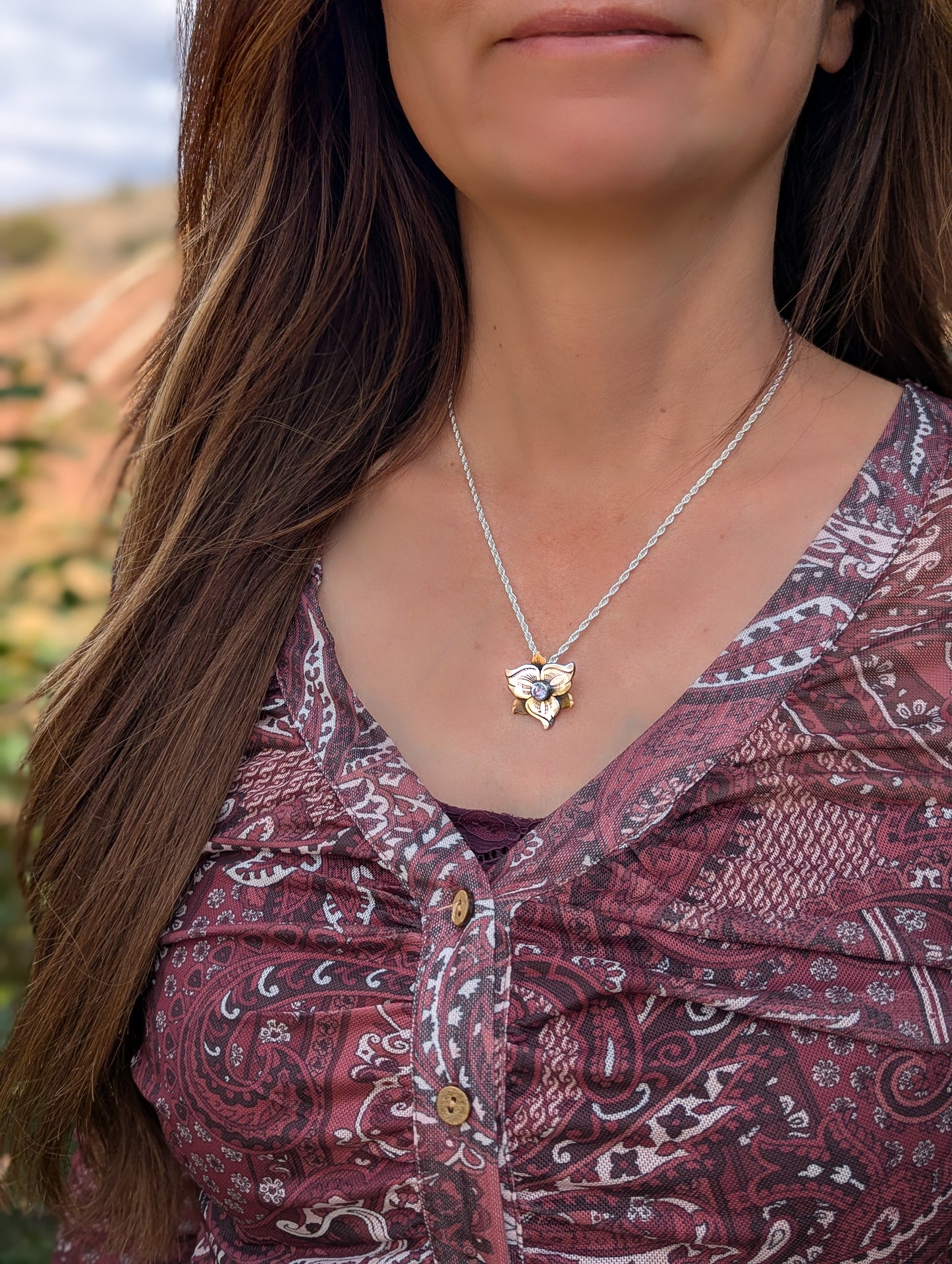 Sterling Silver & Jeweler’s Bronze Flower Necklace with Lavender Stone