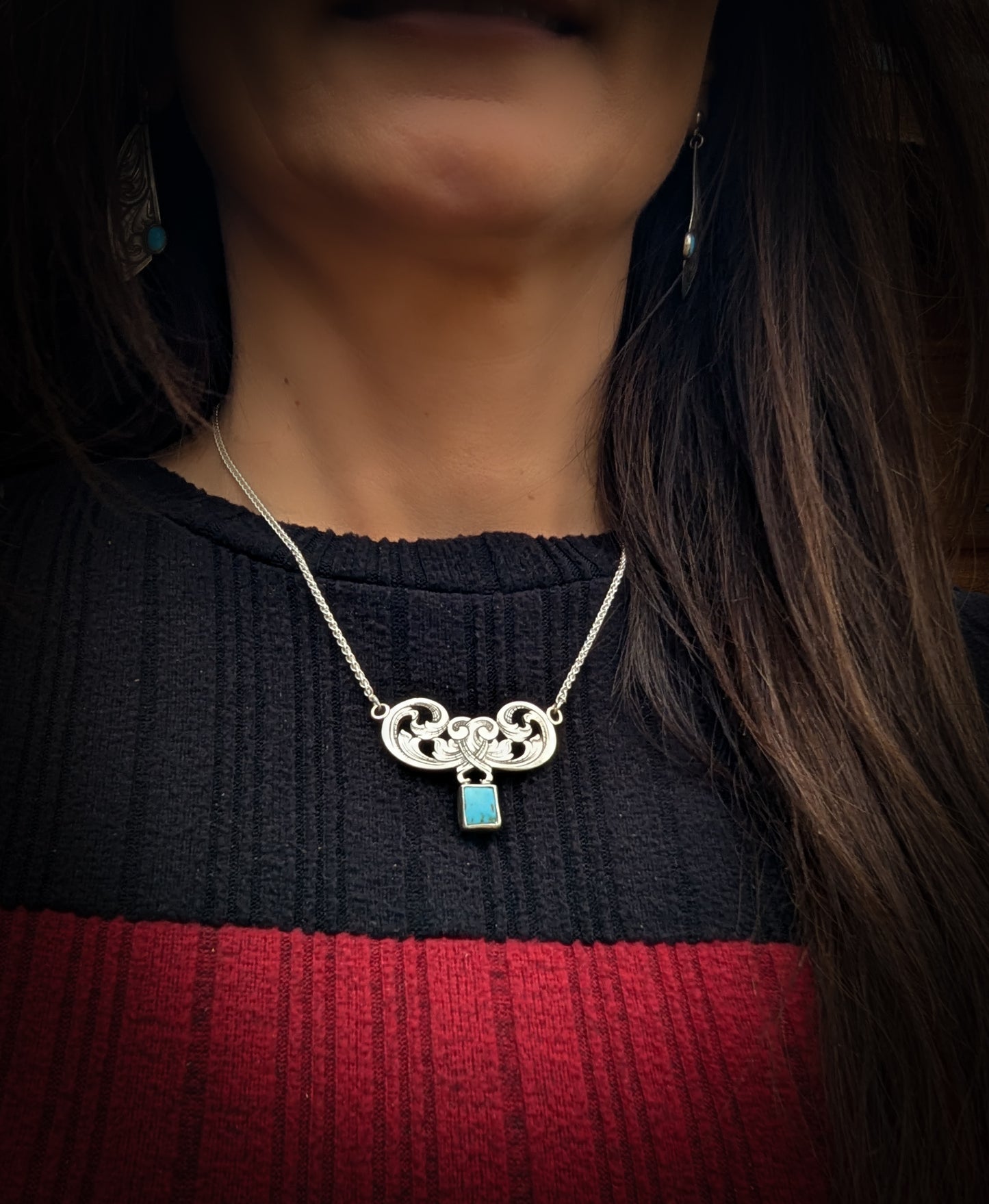 Sterling silver filigree scroll bar style necklace with natural turquoise.