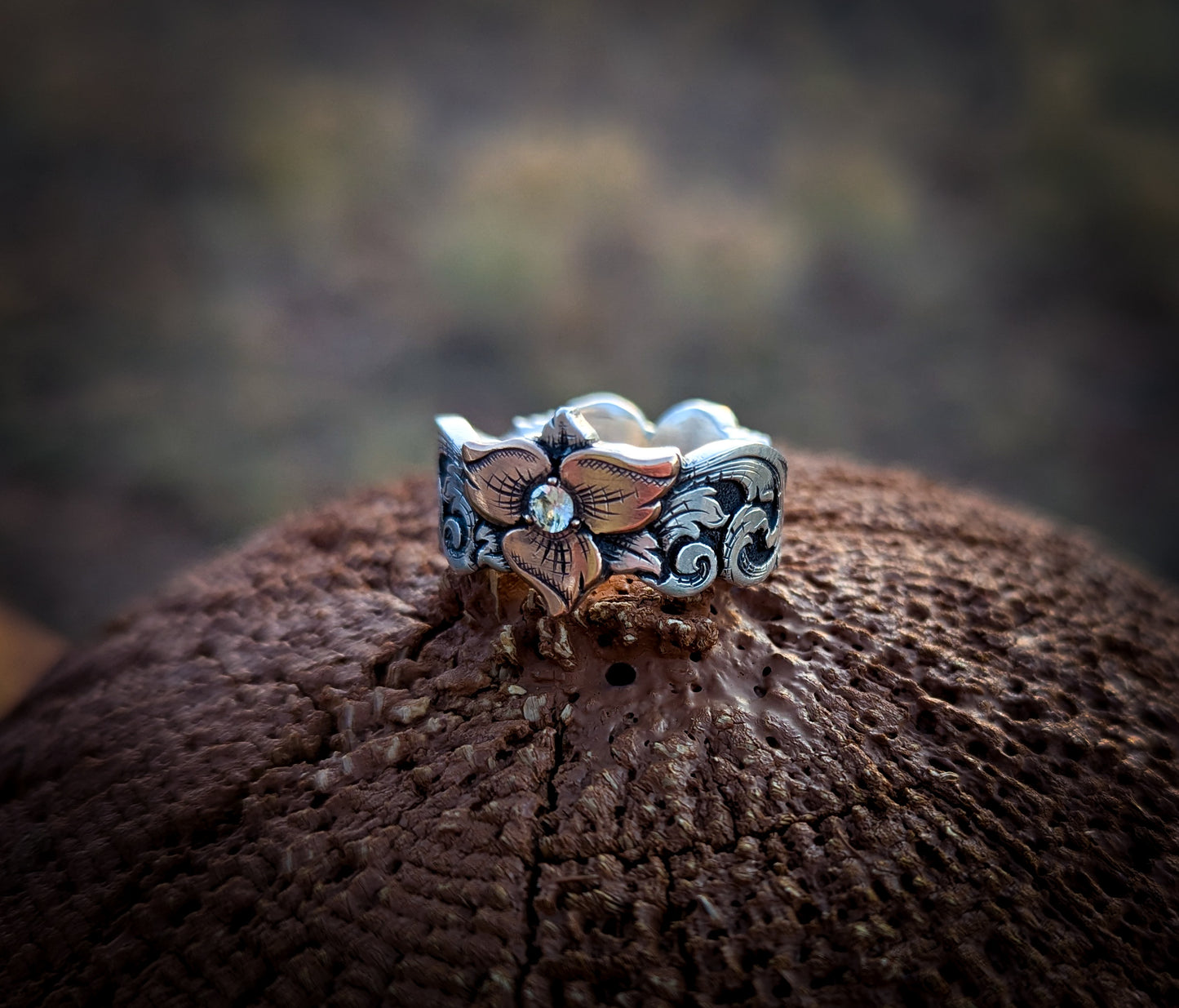 Hand-Engraved Sterling & Bronze Flower Ring — Size 8.5