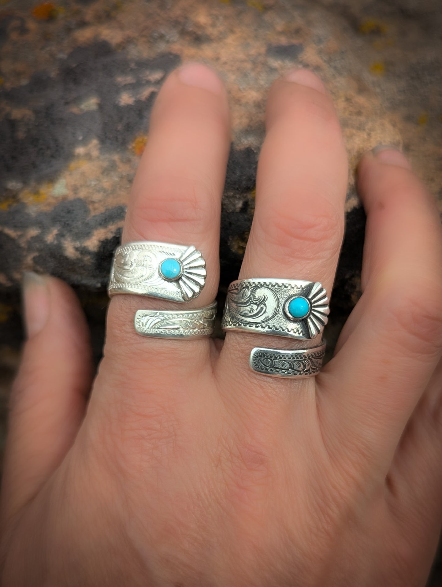 Hand-Engraved Adjustable Wrap Ring with Kingman Turquoise