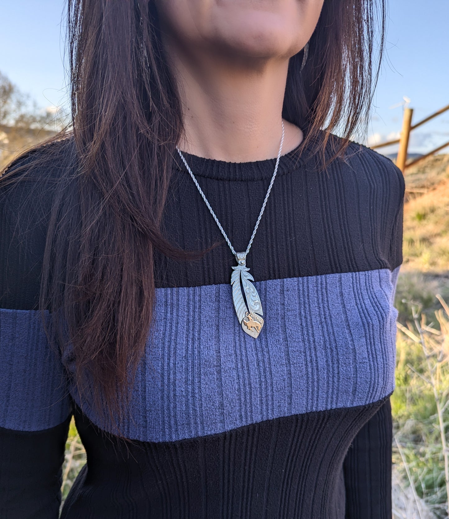 Feather Pendant Necklace – Wyoming Bucking Horse & Rider