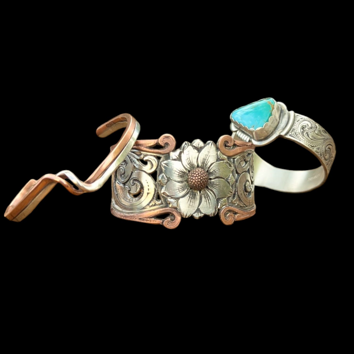 Wide Band Engraved Solid Sterling Silver Bracelet with Turquoise set in the Center.