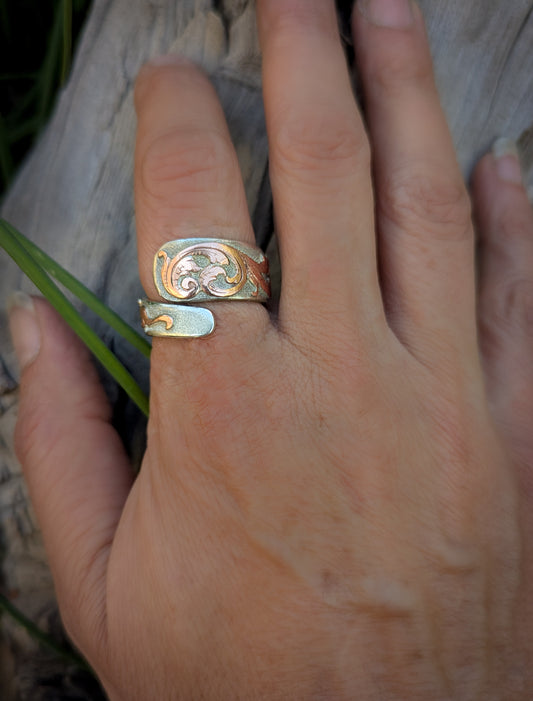 Sterling Silver Wrap Ring with Copper Filigree Scrollwork