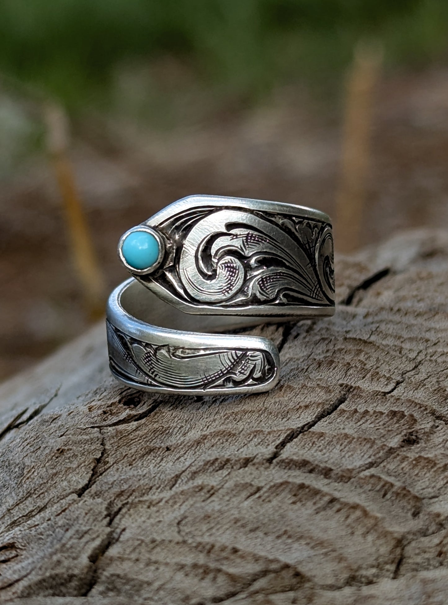 Hand-Engraved Adjustable Wrap Ring with Kingman Turquoise