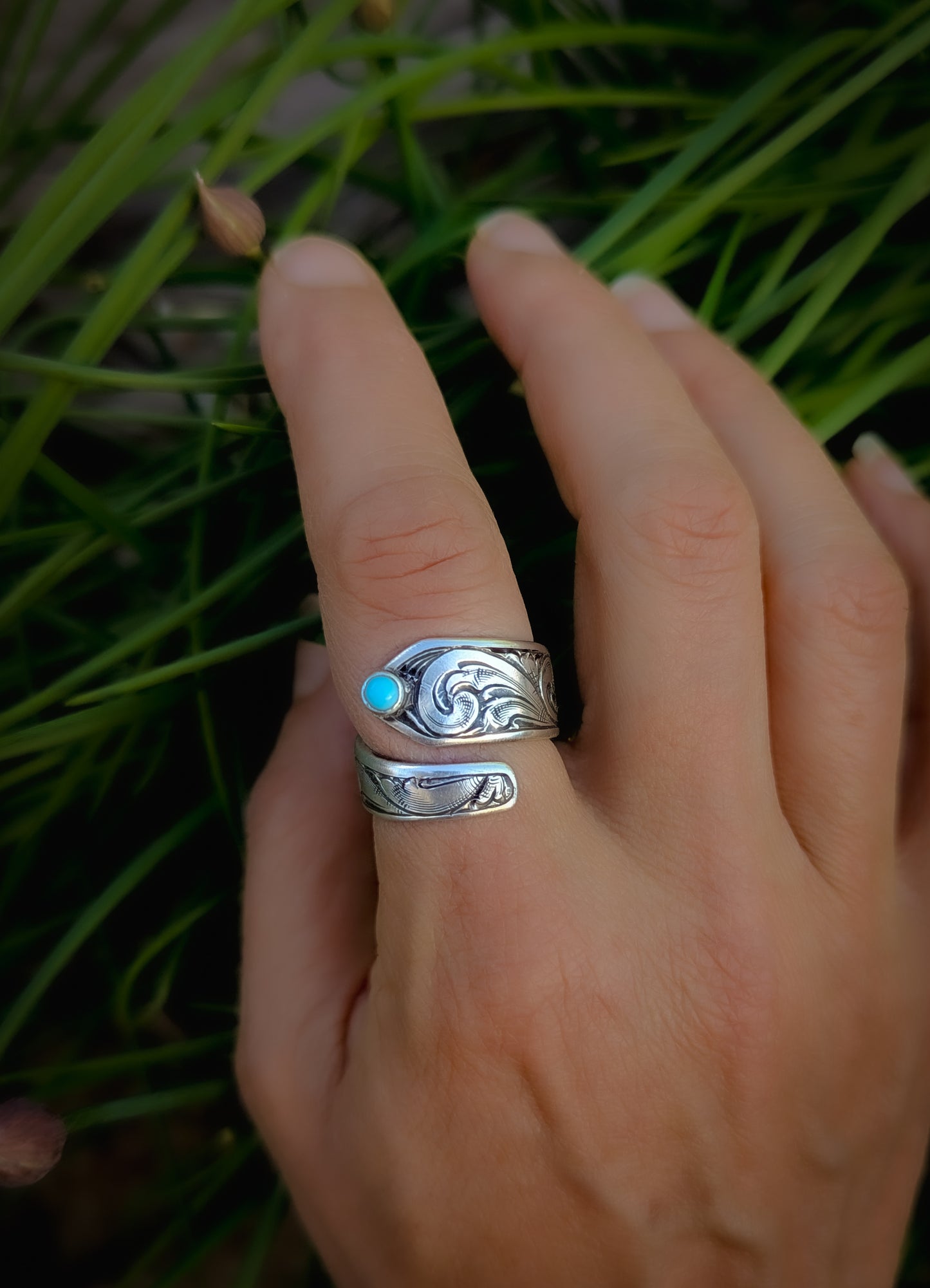Hand-Engraved Adjustable Wrap Ring with Kingman Turquoise