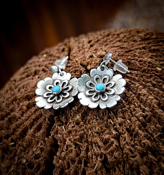 Sterling Silver Blossom Earrings with Turquoise Accents