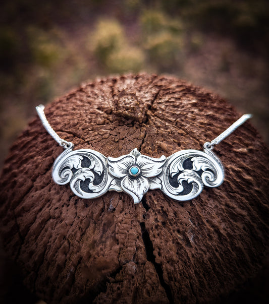 Hand-Engraved Sterling Silver Scrolls with  Flower center, Bar style Necklace