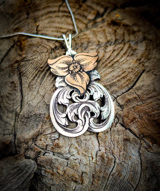 Sterling Silver and Jewelers Bronze Flower Scroll Necklace with aquamarine stone