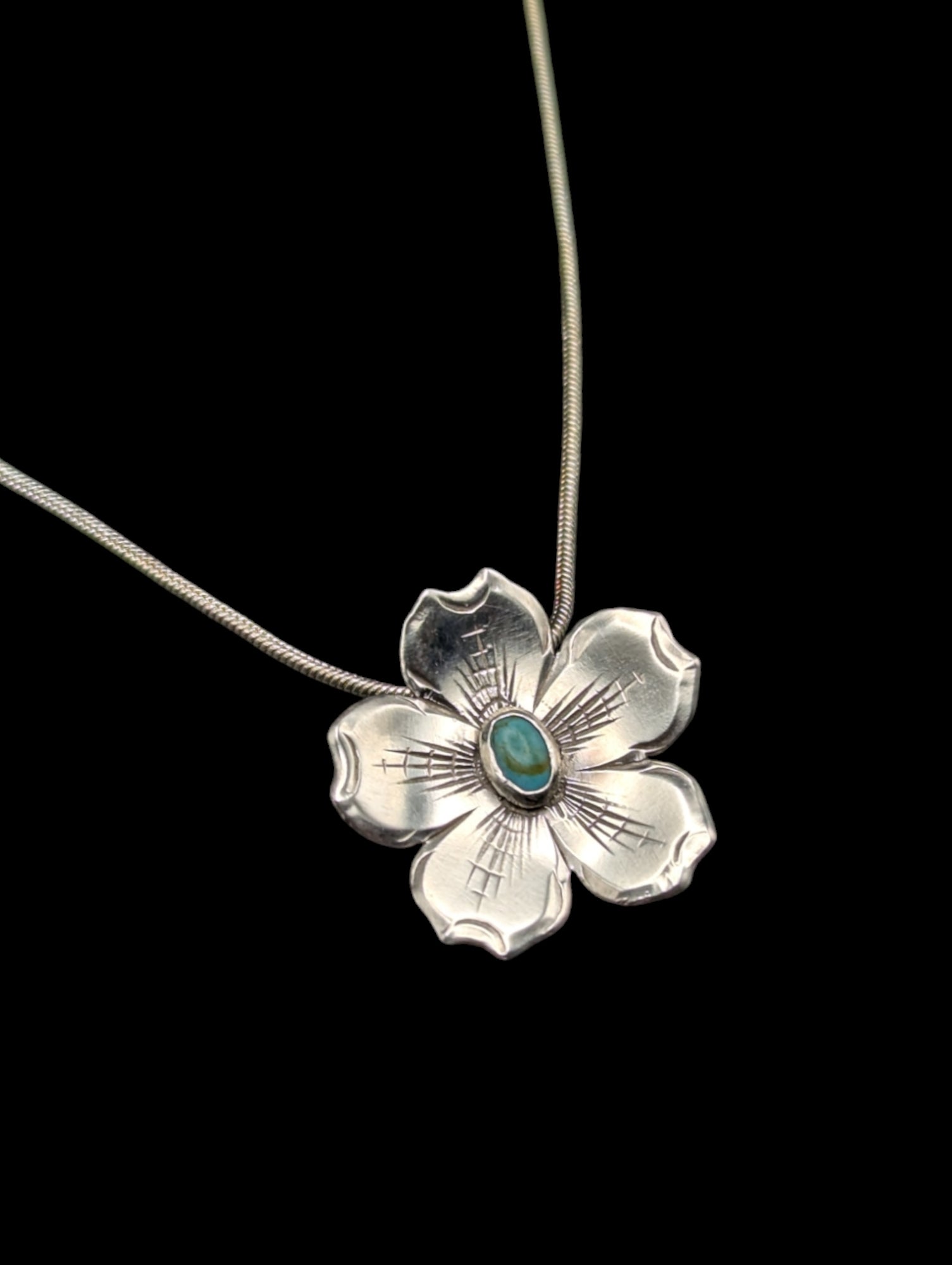 !1" sterling silver flower necklace with oval turquoise center