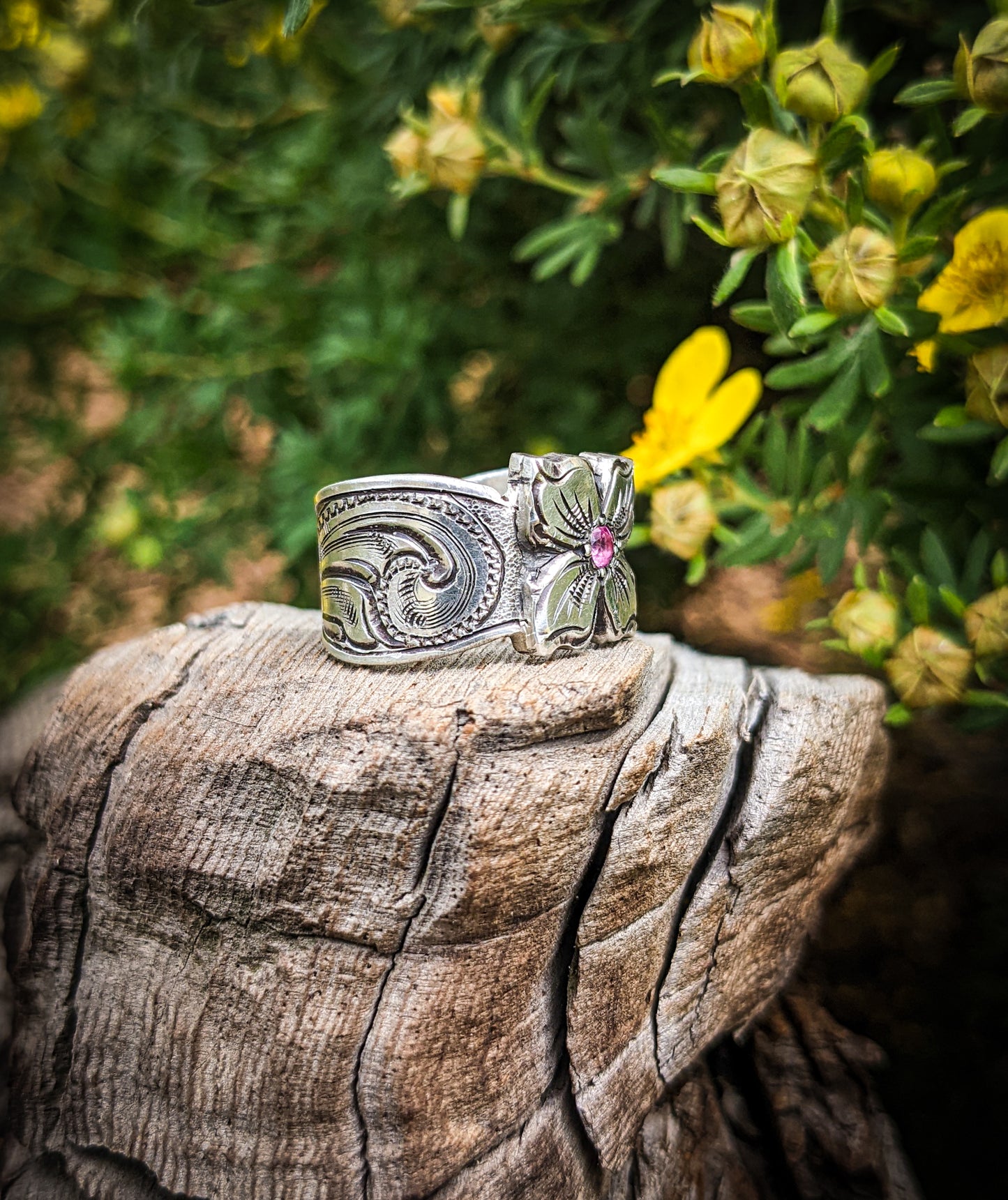 Sterling silver engraved western flower ring