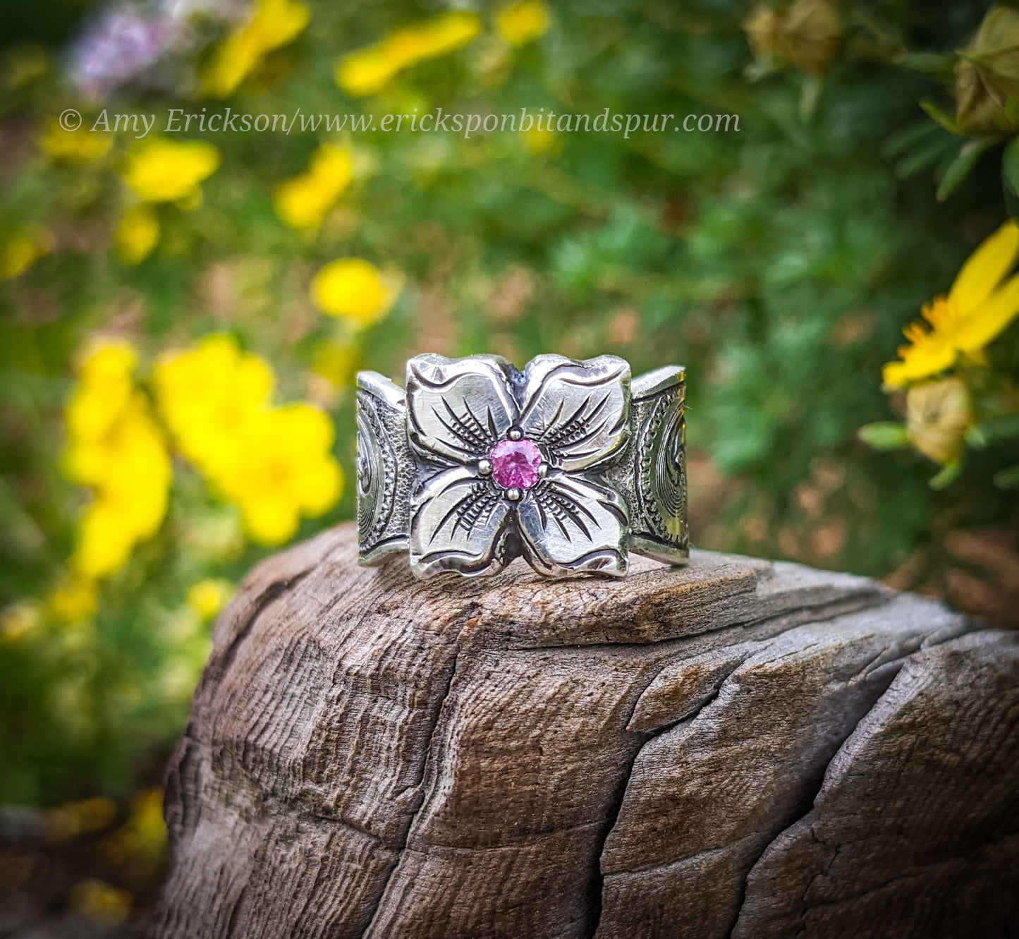 Sterling silver engraved western flower ring