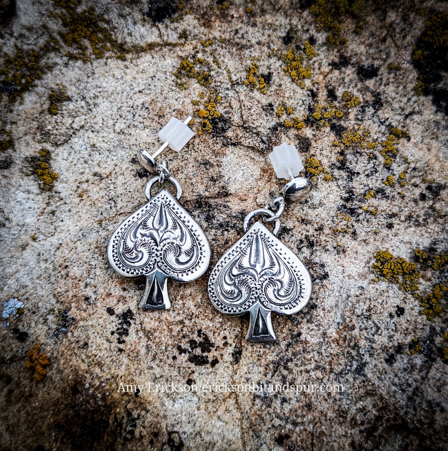 Western style Engraved  Sterling Silver Spade Earrings for Sale.