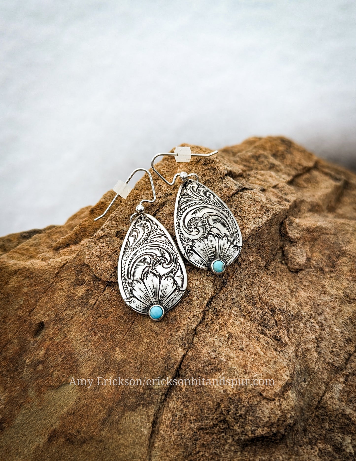 Silver tear drop earrings with turquoise