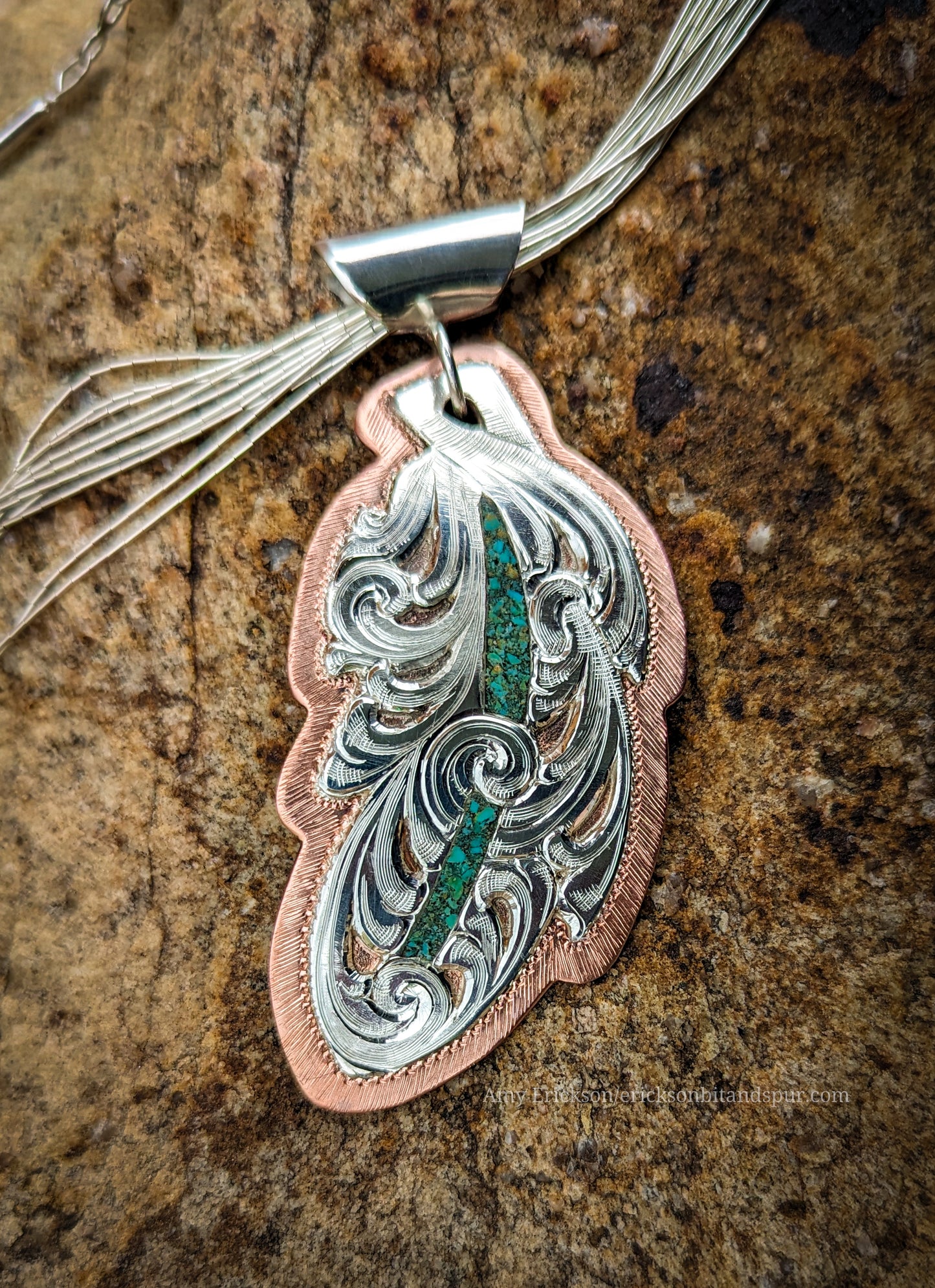 Sterling Silver Western Style Feather . Necklace  with crushed turquoise for Sale.