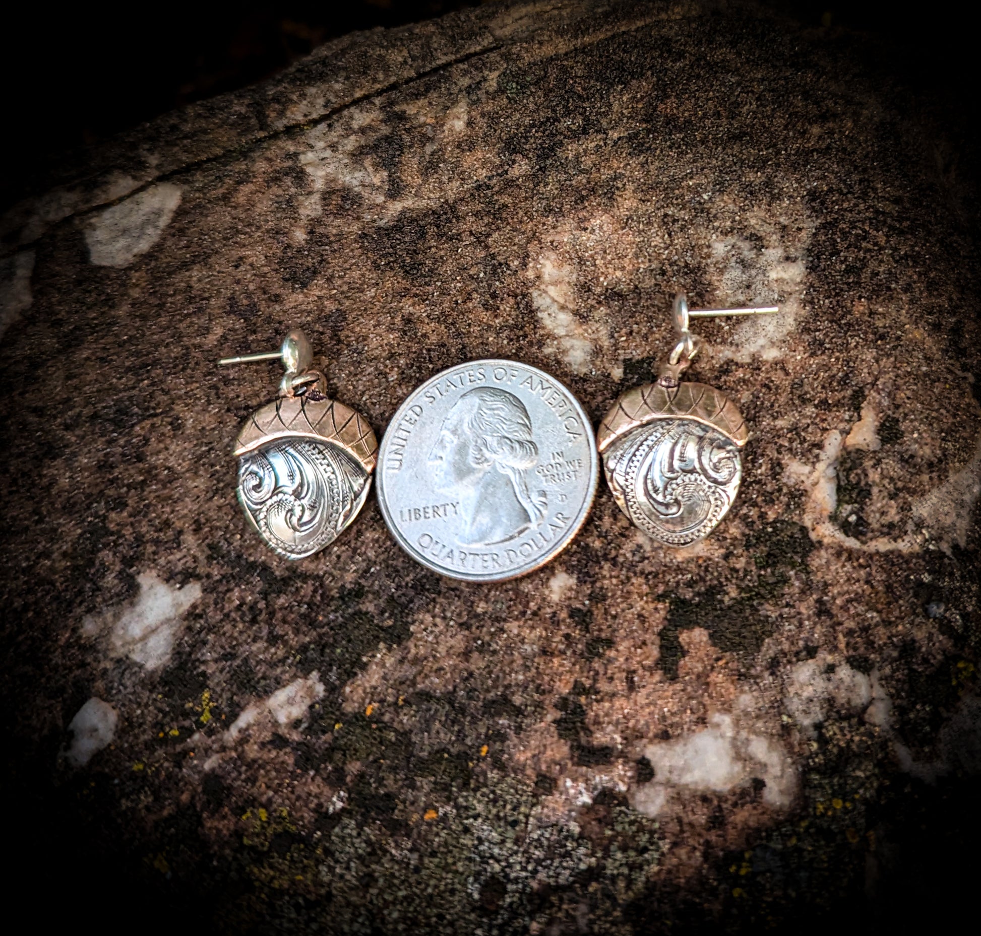 Western style Engraved Silver and Copper  Acorn Earrings for Sale.