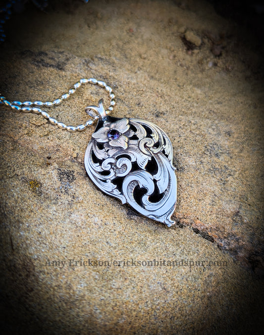 Sterling Silver Scroll Pendant with Amethyst Flower