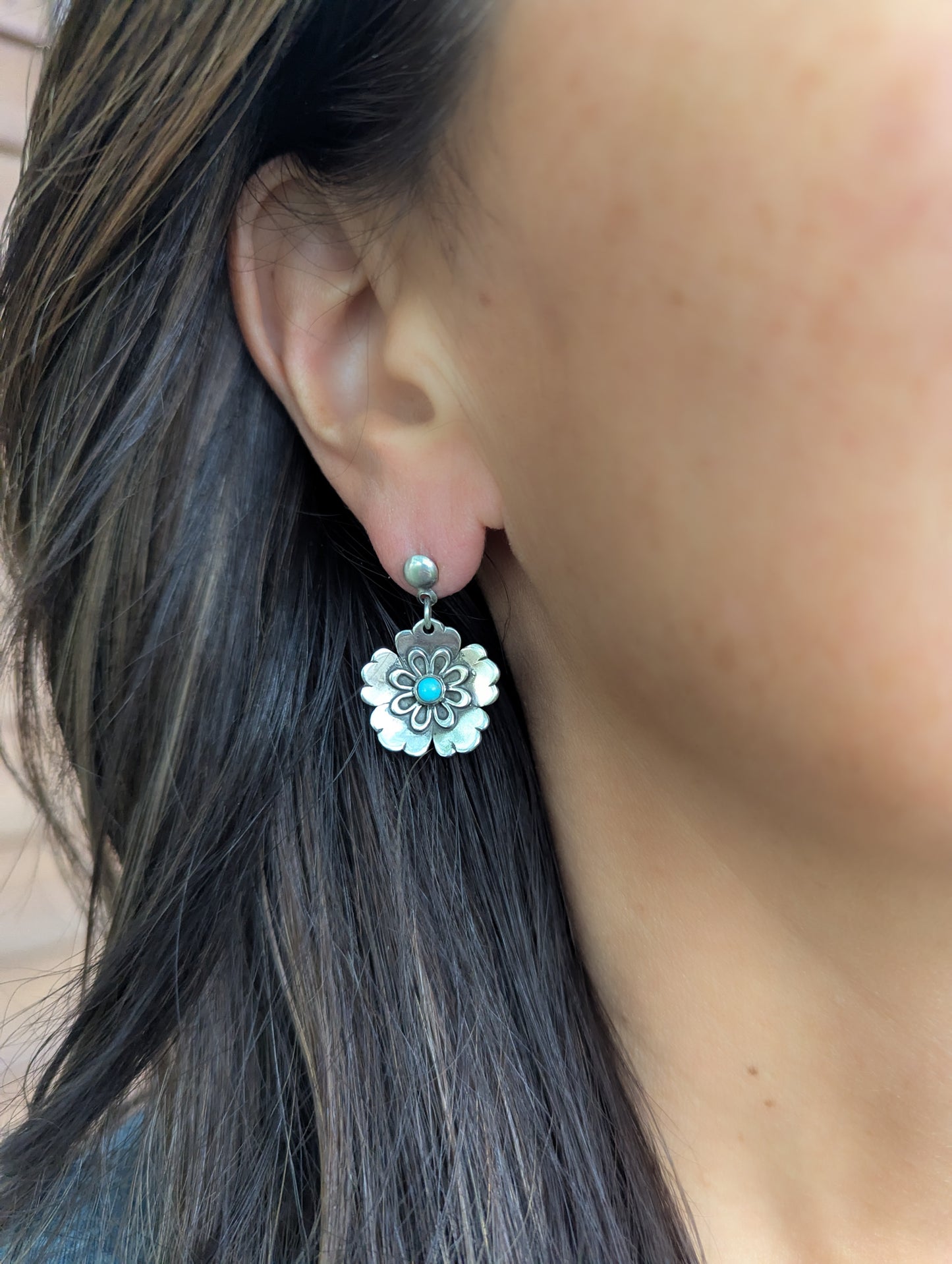 Sterling Silver Blossom Earrings with Turquoise Accents