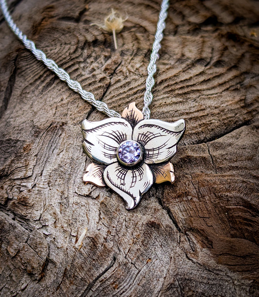 Sterling Silver & Jeweler’s Bronze Flower Necklace with Lavender Stone