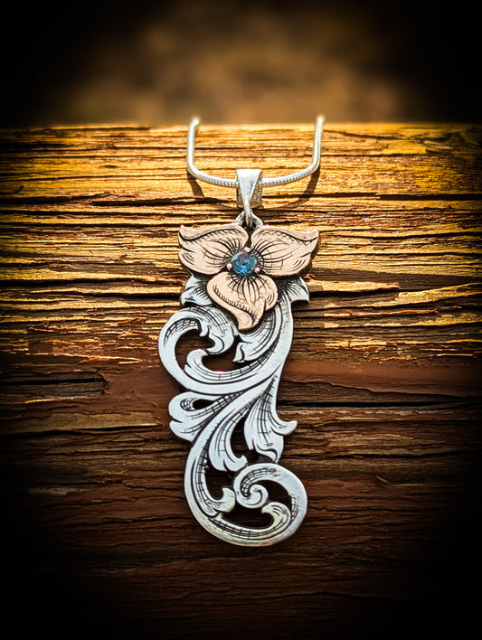 Sterling Silver and Jewelers Bronze Flower Scroll Necklace with center stone