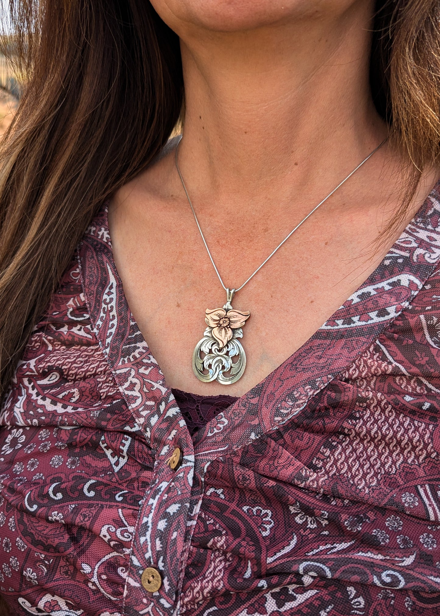 Sterling Silver and Jewelers Bronze Flower Scroll Necklace with aquamarine stone