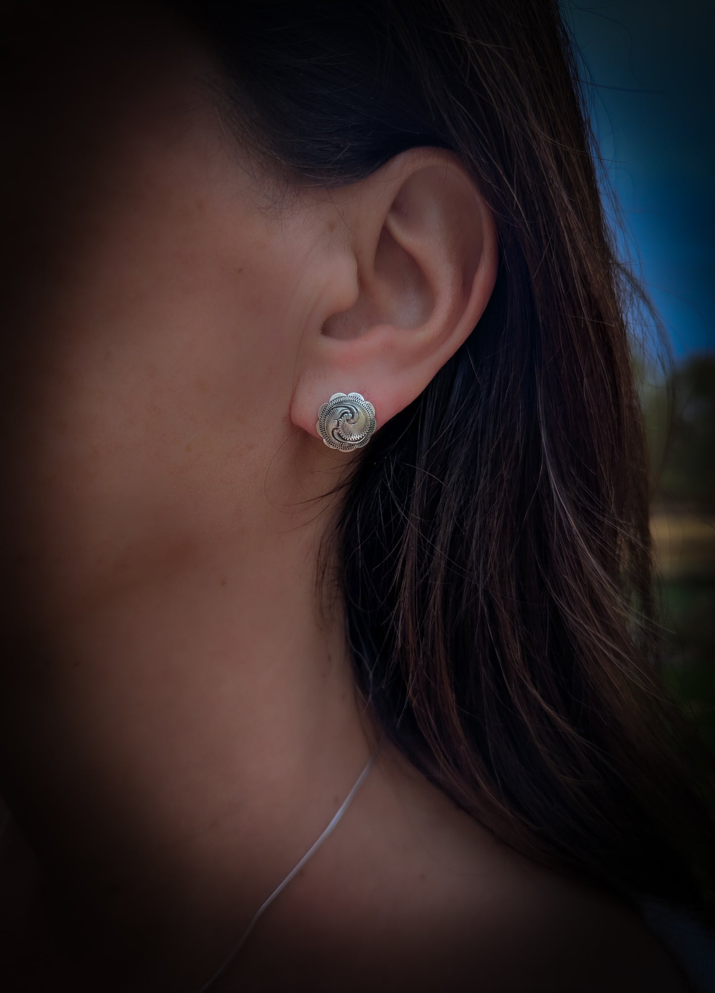 Sterling Silver antiqued scallop  Mini Concho Earrings – ½” Engraved