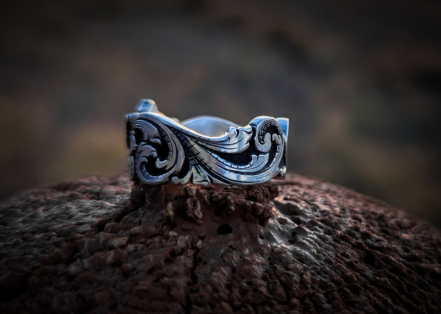 Hand-Engraved Sterling & Bronze Flower Ring — Size 8.5