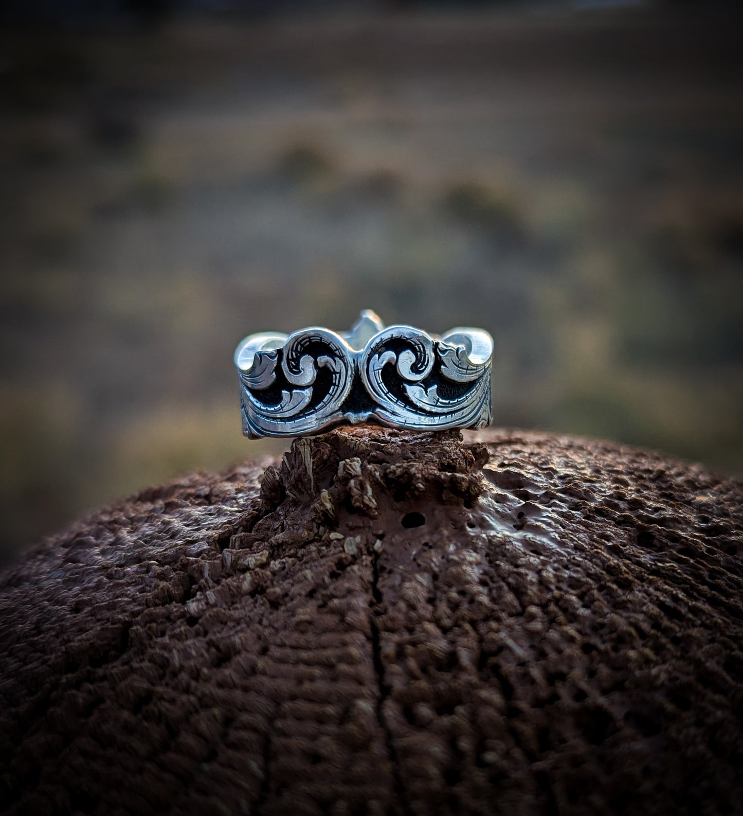 Hand-Engraved Sterling & Bronze Flower Ring — Size 8.5