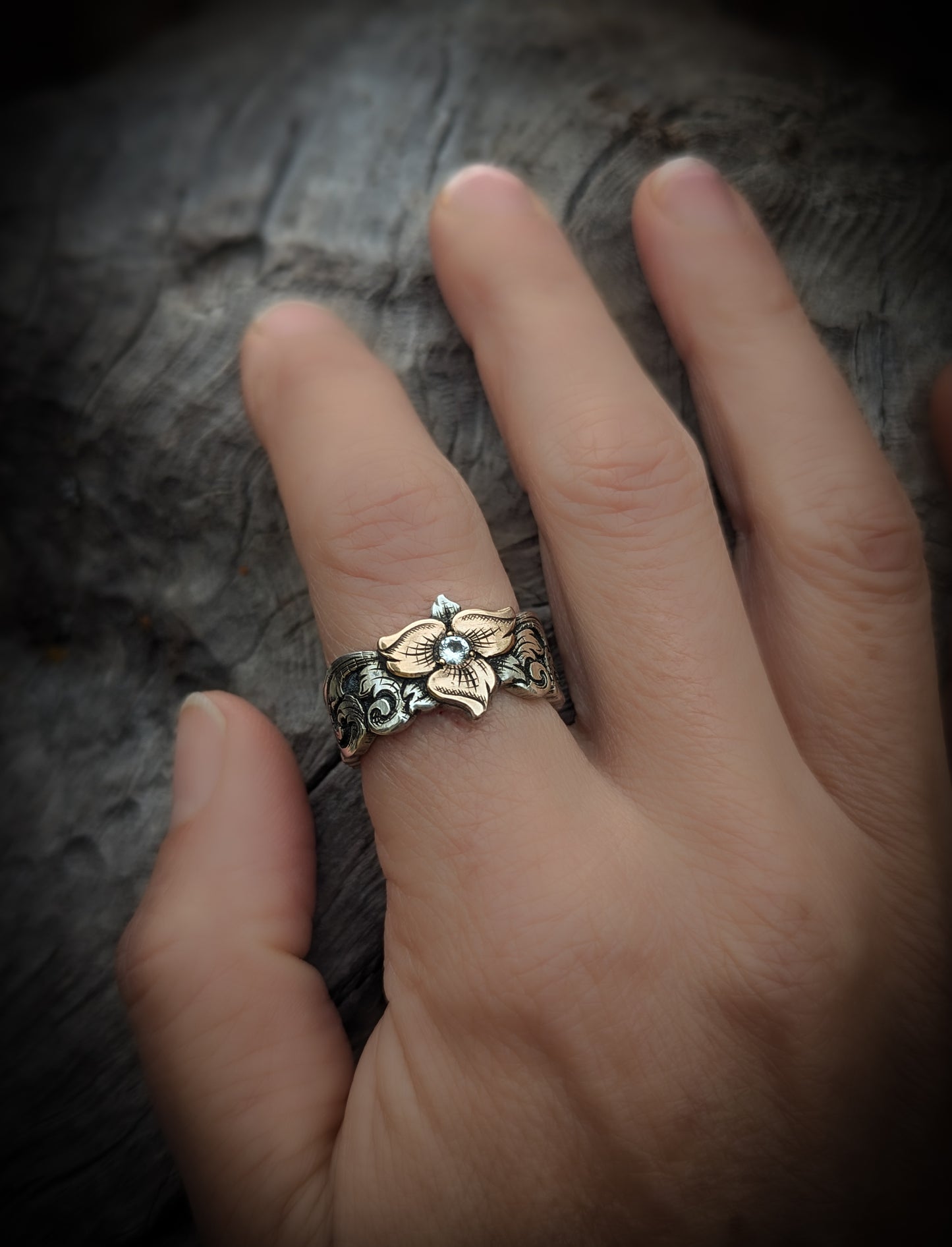 Hand-Engraved Sterling & Bronze Flower Ring — Size 8.5