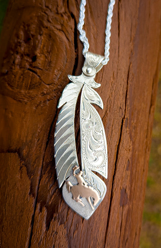 Feather Pendant Necklace – Wyoming Bucking Horse & Rider