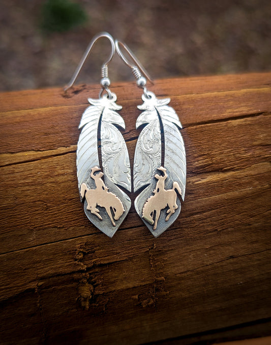 Feather Earrings – Wyoming Bucking Horse & Rider