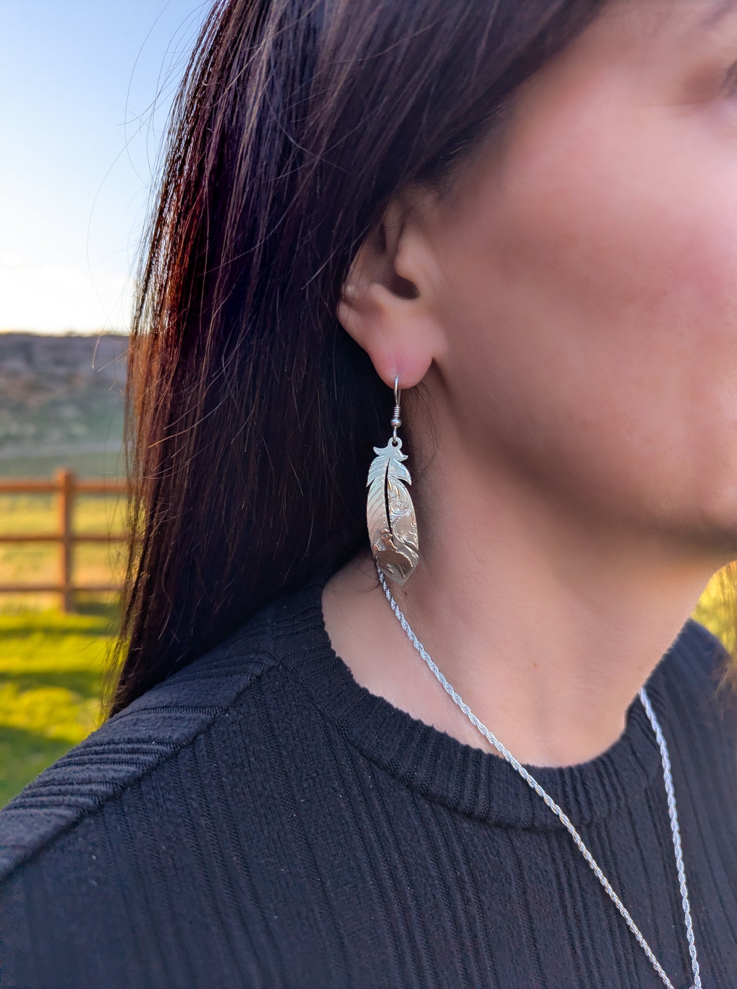Feather Earrings – Wyoming Bucking Horse & Rider