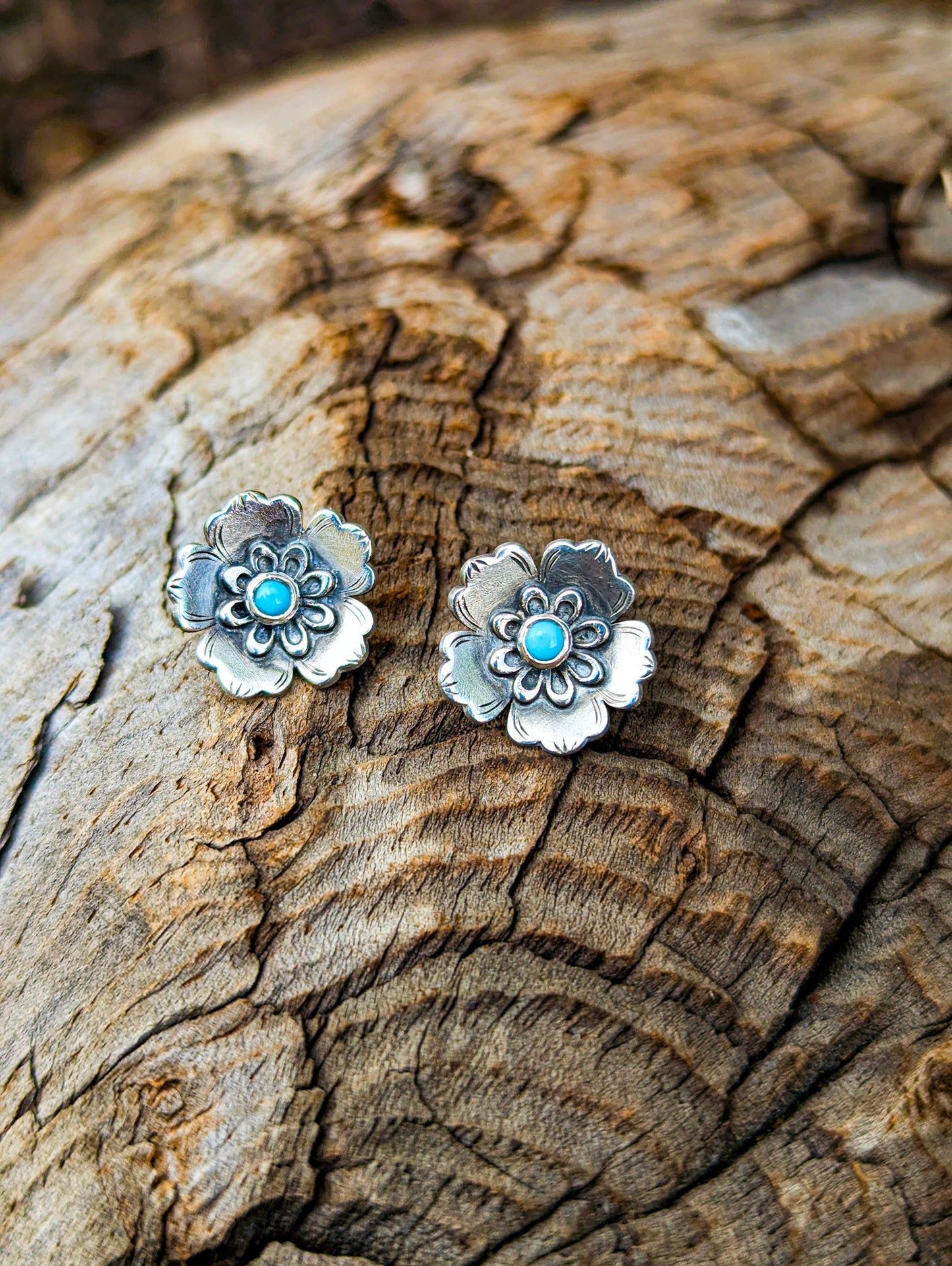 Sterling Silver Blossom Stud Earrings with Turquoise Accents