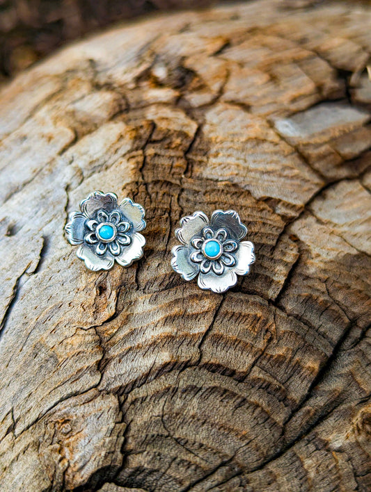 Sterling Silver Blossom Stud Earrings with Turquoise Accents