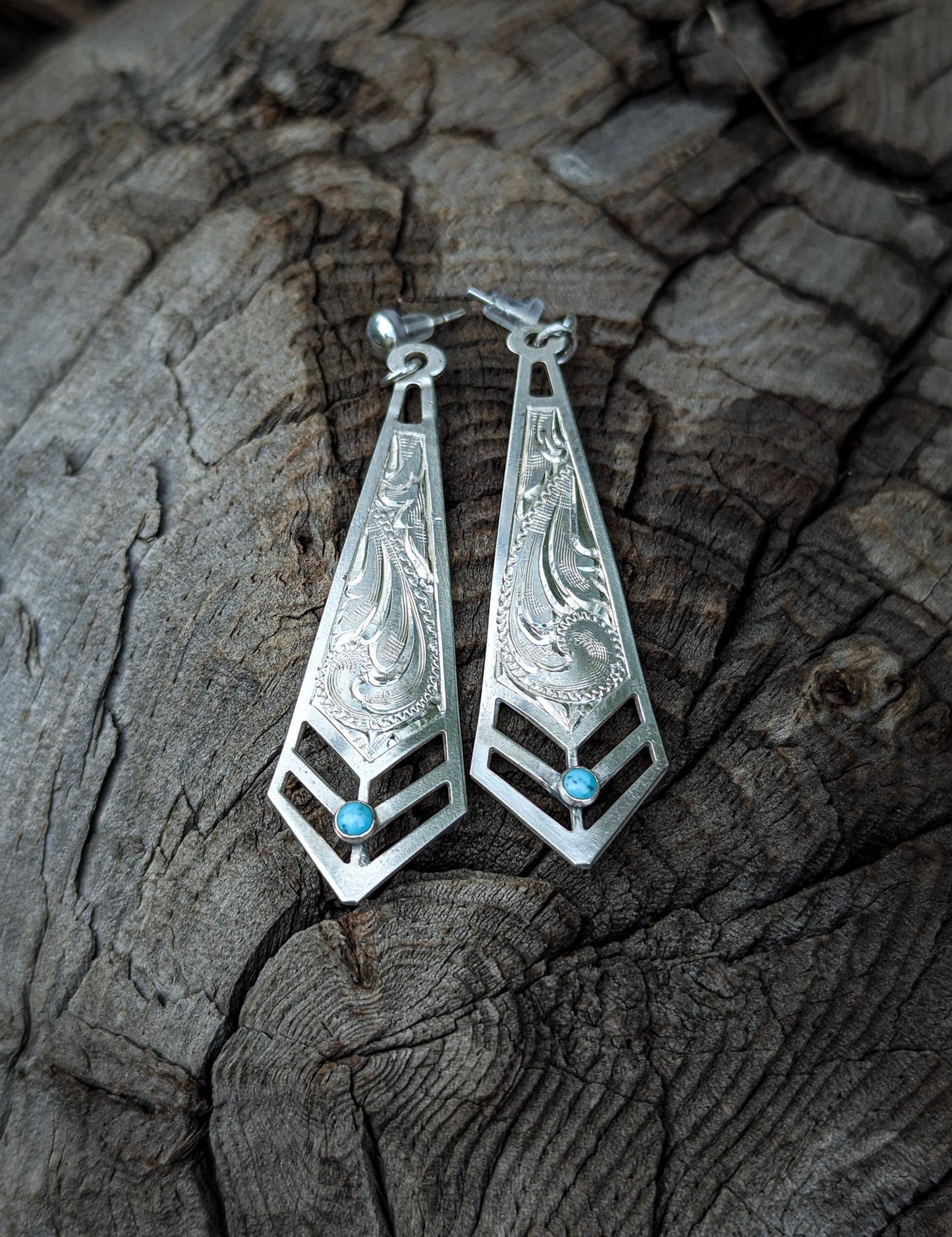 Beautiful long Diamond shaped engraved earrings with Turquoise