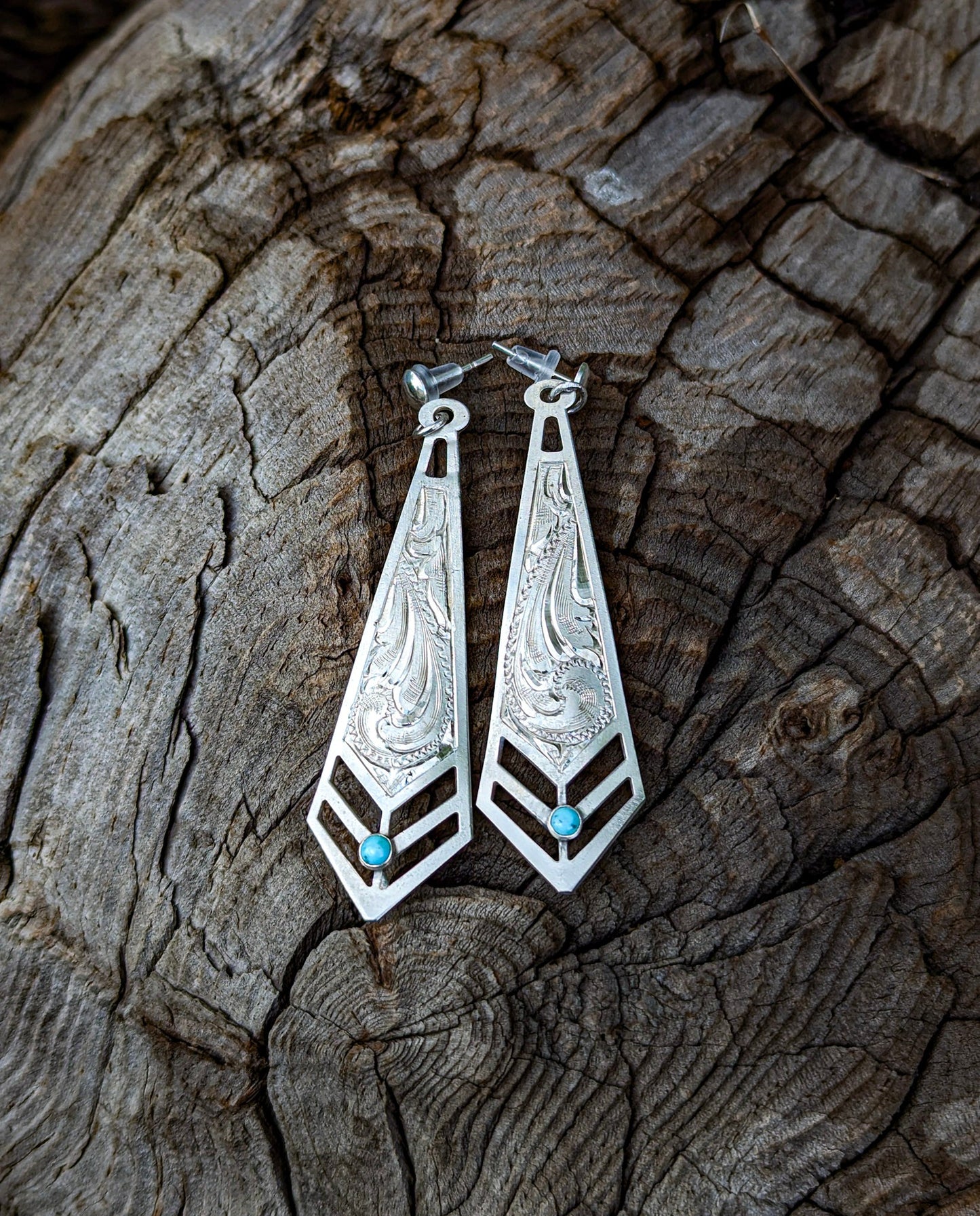 Beautiful long Diamond shaped engraved earrings with Turquoise