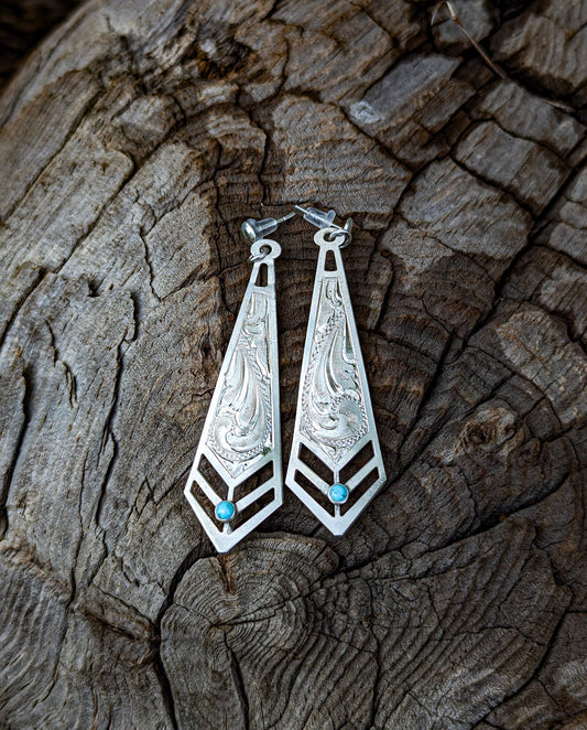 Beautiful long Diamond shaped engraved earrings with Turquoise