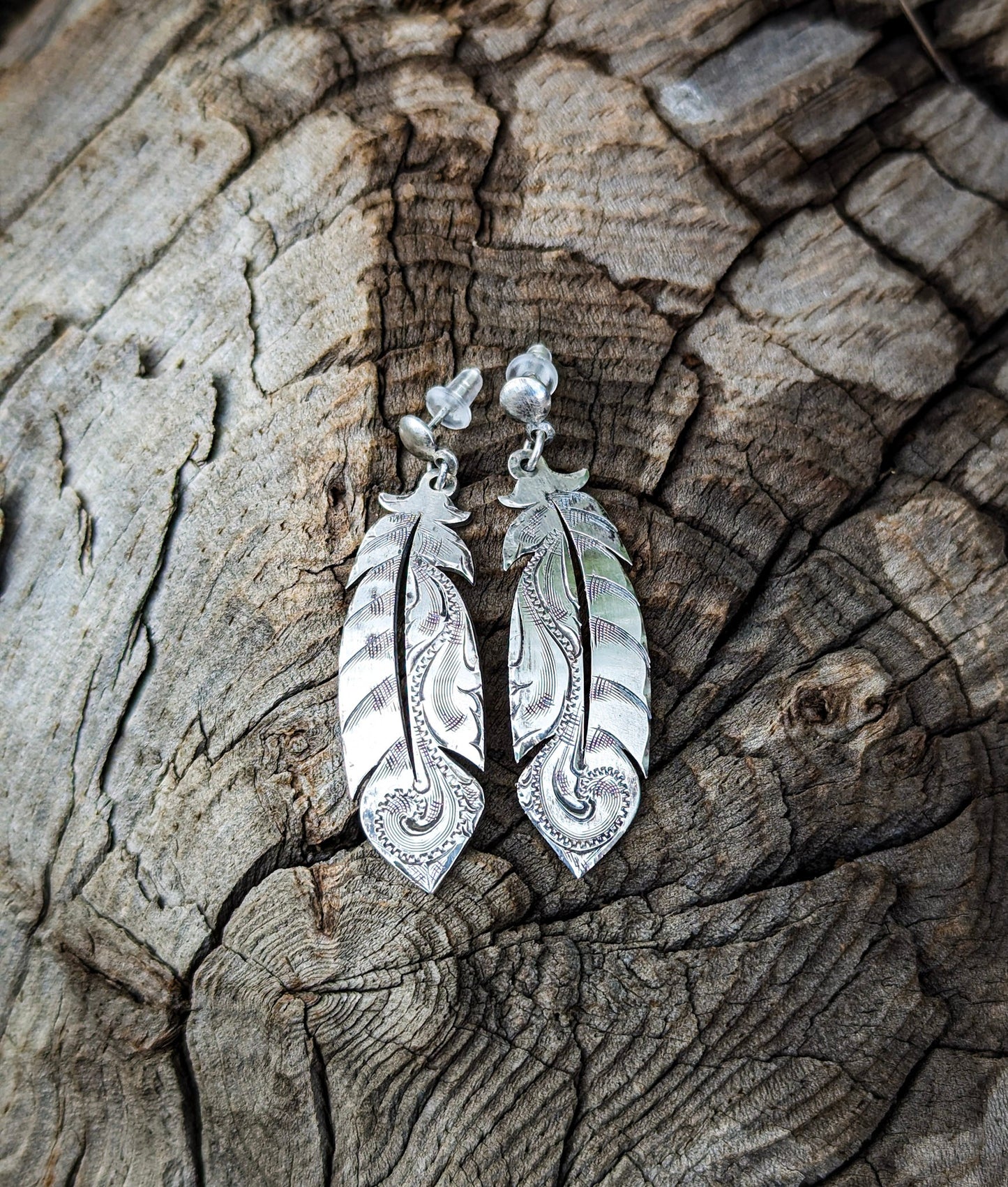Sterling silver engraved feather earrings