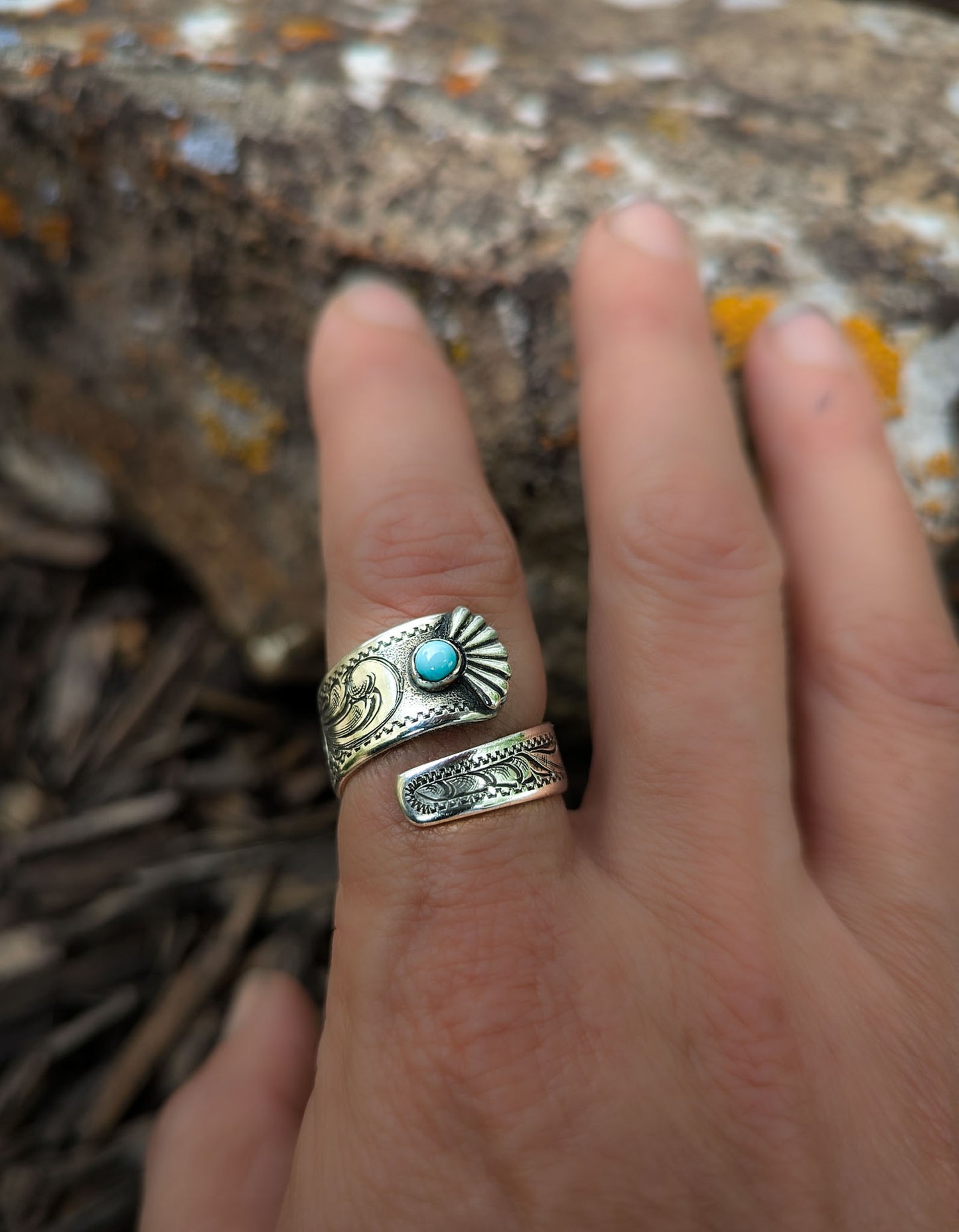 Hand-Engraved Adjustable Wrap Ring with Kingman Turquoise