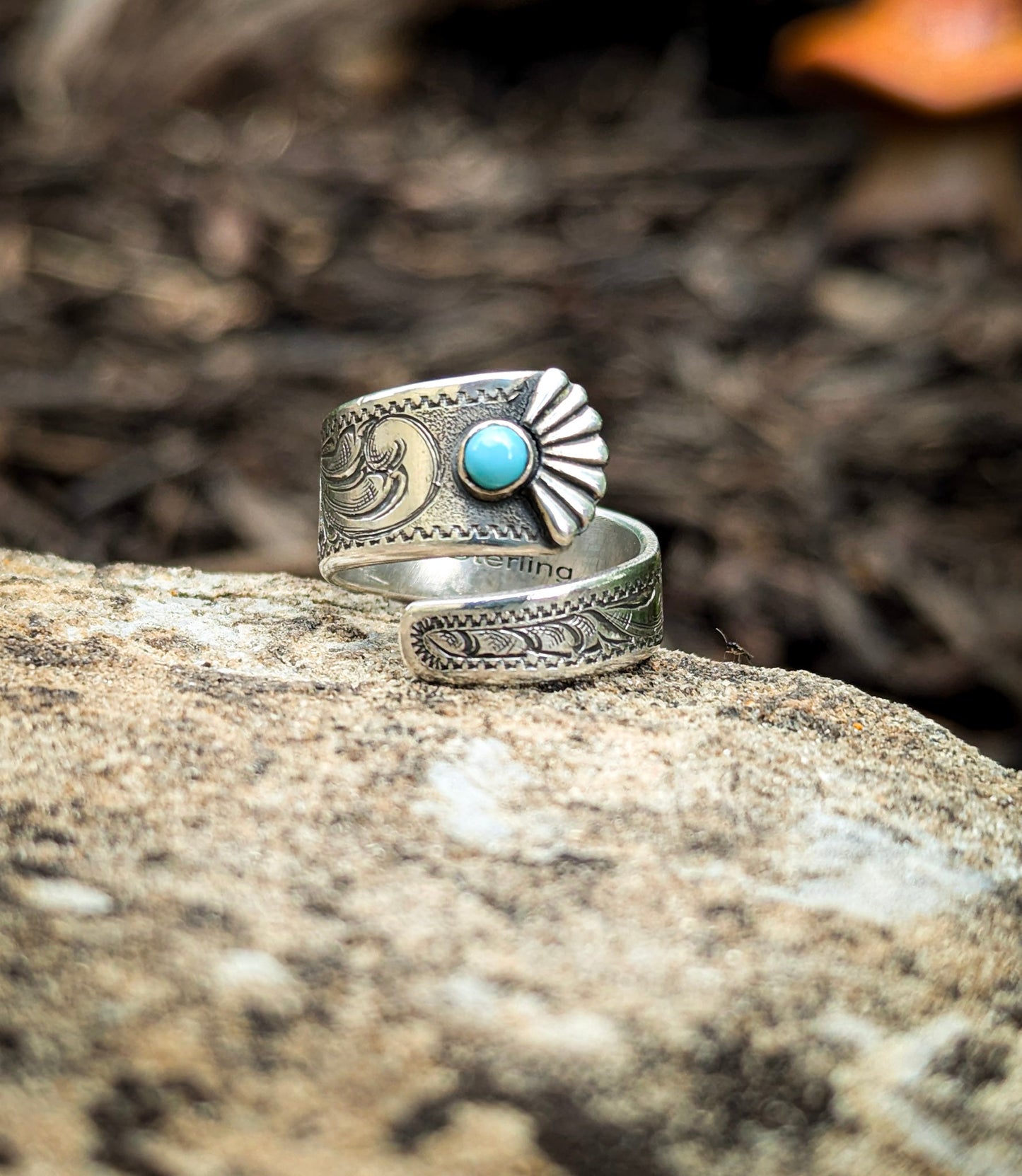 Hand-Engraved Adjustable Wrap Ring with Kingman Turquoise