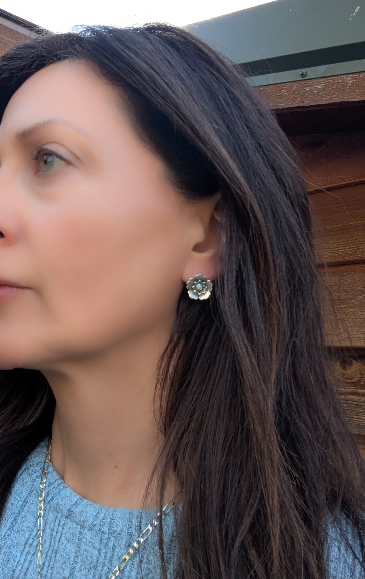 Sterling Silver Blossom Stud Earrings with Turquoise Accents