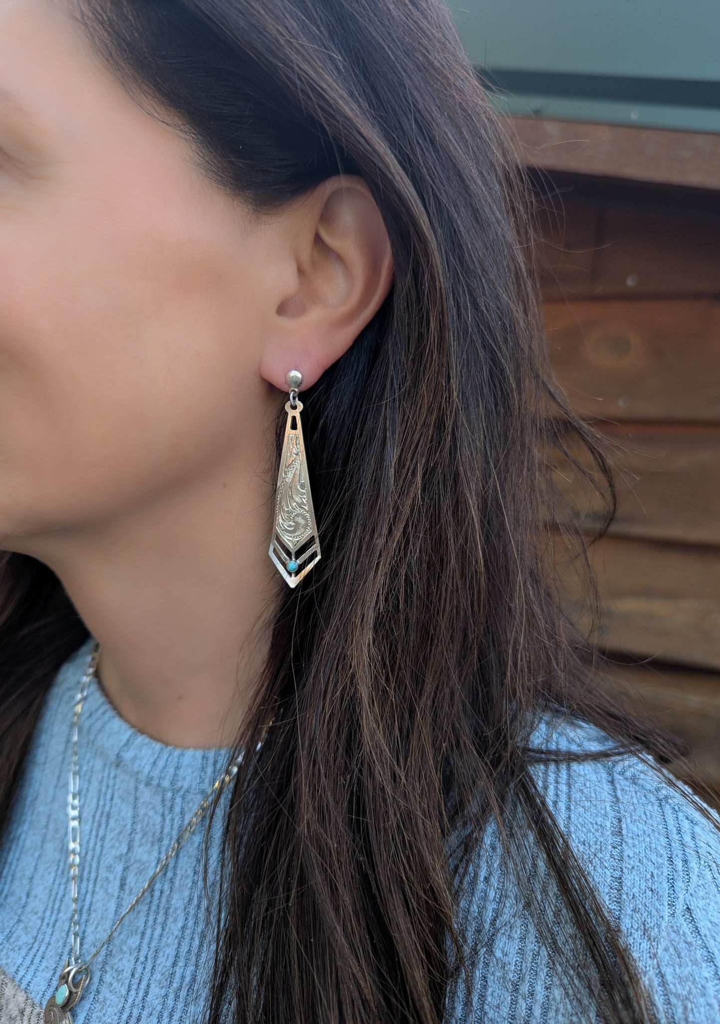 Beautiful long Diamond shaped engraved earrings with Turquoise
