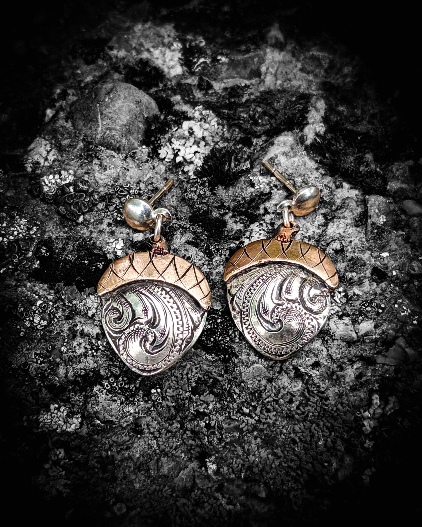 Western Style Engraved Silver and Copper  Acorn Earrings for Sale.