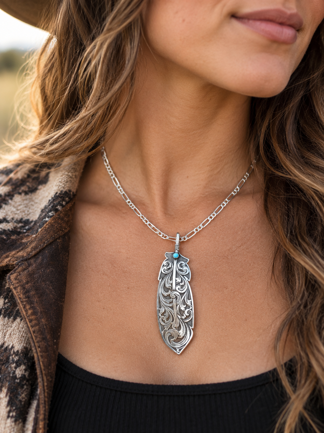 Hand-Engraved Sterling Silver Feather Pendant with Kingman Turquoise